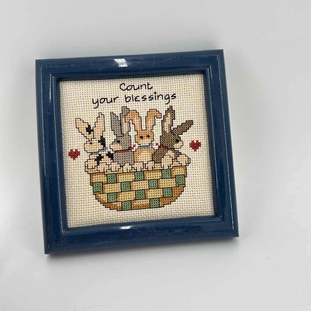 Handmade Cross Stitch Framed Art Count Your Blessings Bunnies Basket Navy Blue